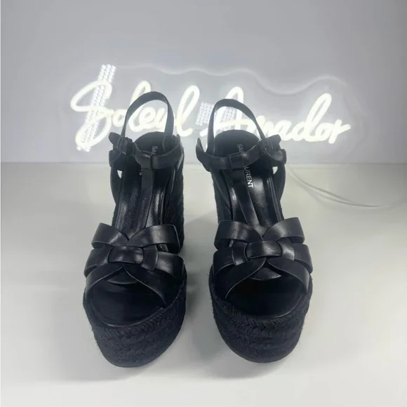Saint Laurent Tribute Wedge Espadrilles Black Leather Platform Designer Sandals - Picture 5 of 10